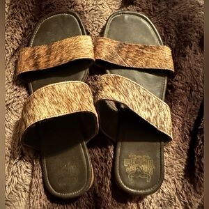 Women’s Brown Haircalf Double-Strap Slide Sandals